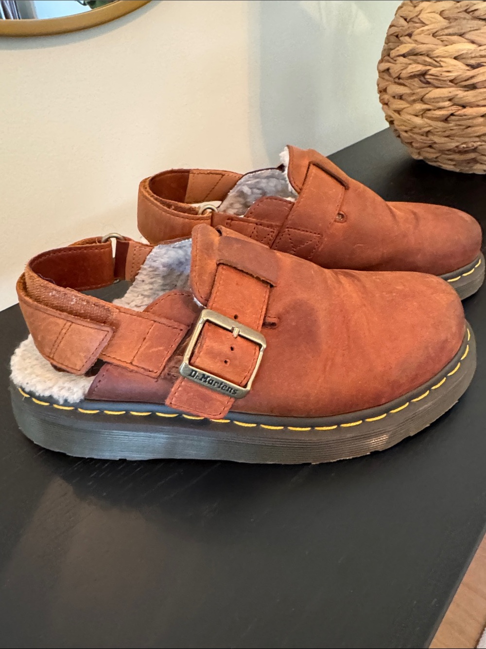 Dr. Martens Kids Rust Brown Suede Buckle Shearling Clog Sandals